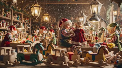 Cheerful elves and animated dolls crafting toys in a magical, snowy Christmas workshop, preparing for the festive season amidst scattered materials and warm lighting.