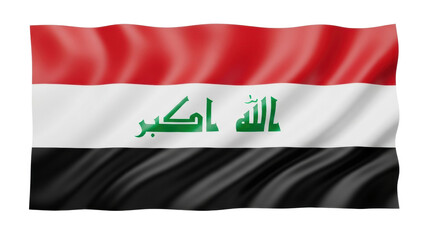 A Middle Eastern national flag with horizontal red, white, and black stripes and green Kufic script in the center, waving with a realistic silk texture and soft folds