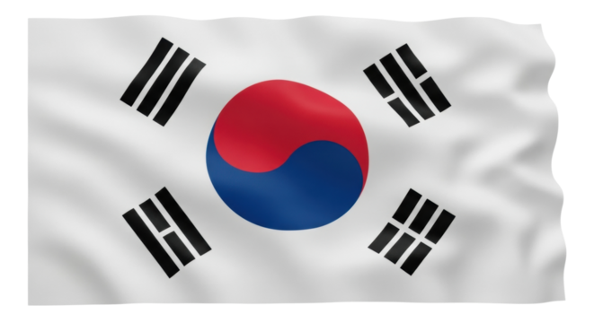 A realistic depiction of the Korean national flag, with its central symbol and corner trigrams, waving gracefully with detailed fabric texture and shadows
