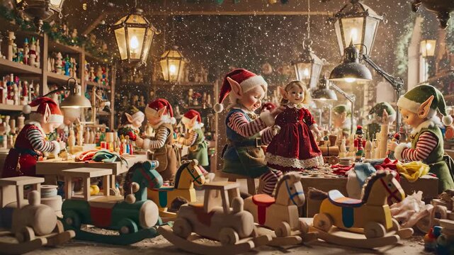 Cheerful elves and animated dolls crafting toys in a magical, snowy Christmas workshop, preparing for the festive season amidst scattered materials and warm lighting.