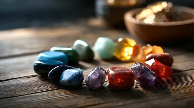 Overhead view of chakra crystals arranged in rainbow spectrum no people visible seven chakra stones color healing spiritual alignment energy centers crystal therapy reiki