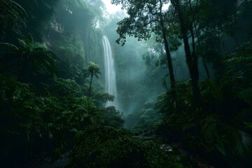waterfall in tropical jungle misty atmosphere