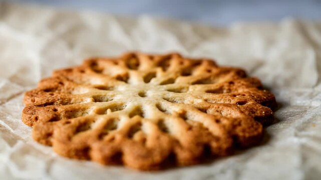 Crisp, golden, intricately designed cookie resting on parchment paper