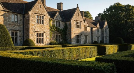 A stately stone manor sits amidst a manicured hedge maze