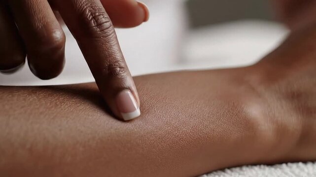 Close Up Of A Finger Applying Rose Gold Glitter To A Person's Arm With A Soft White Towel Background And Natural Lighting