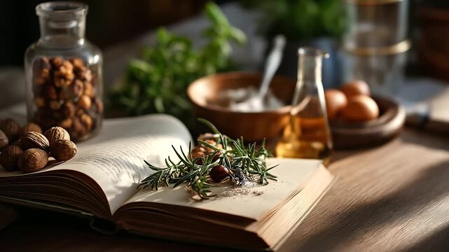 Overhead view of open spell book with ingredients no people visible magical recipe potion instructions witchcraft practice grimoire page spell components ritual book