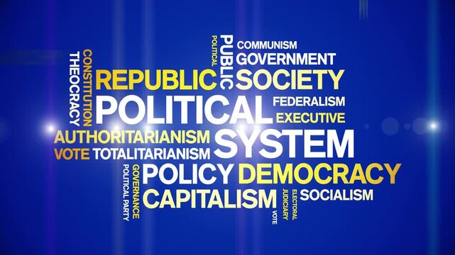 Political System animated word cloud-text design animation tag kinetic typography seamless loop.