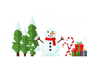 Festive Snowman and Gifts A Winter Holiday Illustration in a Snowy Forest Scene