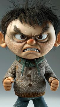 A 3D animated cartoon boy with a very angry expression, gritted teeth, furrowed brows, and clenched fists, wearing a brown sweater and green scarf.