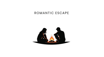 Romantic couple silhouettes sitting by a warm campfire under a clear sky creating a peaceful escape
