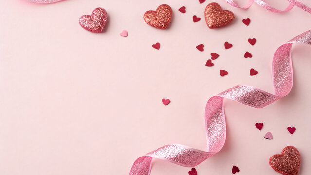 valentine's day decorations glitter pink curly ribbon and heart shaped confetti on pastel pink background with blank space