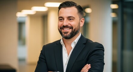 Fototapeta premium Portrait of a smiling businessman in a modern office setting looking confident and professional today