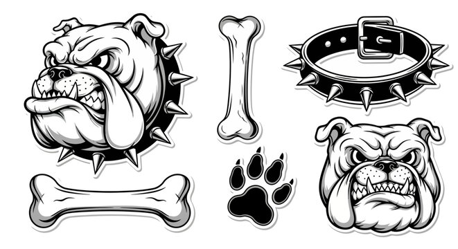 Fierce Bulldog Vector Clipart Dog Head, Paw Print & Bones Illustration
