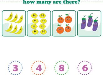 Counting game of fruits for preschool kids. Printable. Vector Illustration