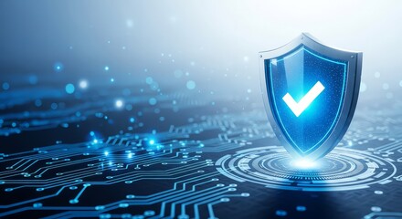 Blue shield with checkmark on circuit board representing cybersecurity and data protection technology