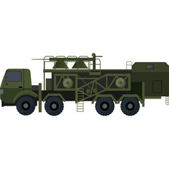 Camouflaged Military Truck with Radar Equipment on Transparent Background