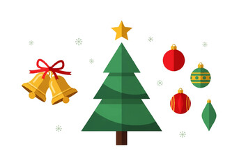Festive collection of Christmas holiday elements including a decorated tree, golden bells, and colorful ornaments
