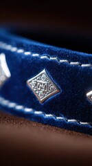 Macro shot of diamond-studded pet collar with elegant sparkle, Luxury velvet dog collar with gemstone details in soft lighting, Close-up of high-end pet accessory, leather and crystal design, luxury p