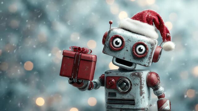 cute robot with christmas gift on festive background illustrated animation