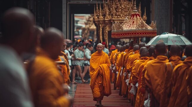Cinematic Buddhist monk procession moving through a golden temple during a sacred ceremony, capturing spiritual tradition and cultural depth.