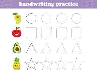 Handwriting Practice. Tracing lines of different shape for kids with fruits. Vector Illustration