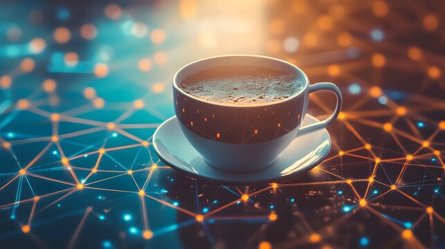 Futuristic coffee cup with digital circuits — technology concept