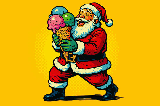 Santa Claus carrying a large multi-scoop ice cream, blending holiday cheer with summer fun. Generative ai raster colorful pop art illustration.