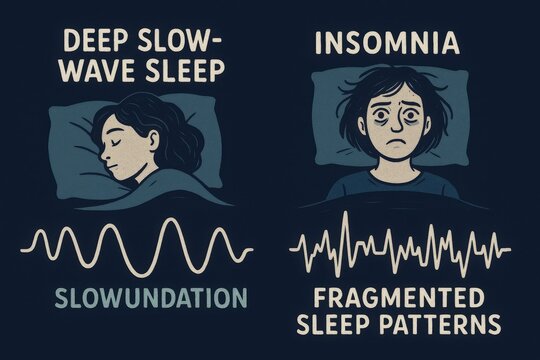 Deep Relaxation through Slow Wave Sleep and Insomnia Disrupting Natural Patterns in a Graphic Format Exploring Sleep Science and Mental Wellbeing