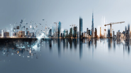 Naklejka premium Futuristic city skyline with cranes and digital elements reflects on water, symbolizing urban infrastructure development and technological advancement
