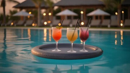 A tray of colorful tropical cocktails floats on a serene resort pool at sunset, surrounded by palm trees and beachfront bungalows. - Powered by Adobe