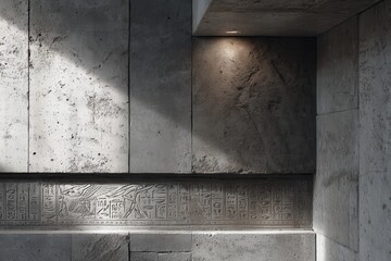 Architectural Harmony: A modern, minimalist interior with rough concrete walls is bathed in natural light, showcasing the interplay of textures and shadows.