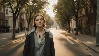 Fototapeta premium A young woman stands in a sunlit street lined with trees and buildings, a pendant around her neck