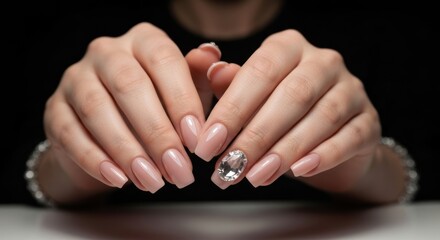 Hands with manicured nails, one with a prominent gem, on black
