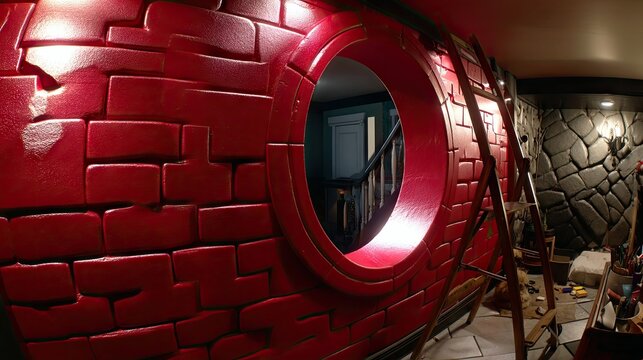 A room under construction with a prominent red brick wall featuring a large circular opening. A wooden ladder leans against the wall, and tools are visible on t