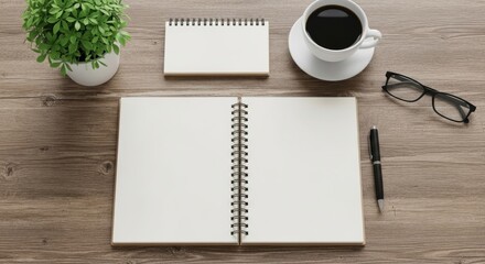 Blank Notebook Coffee and Plant on Wooden Desk Workspace Mockup Flat Lay
