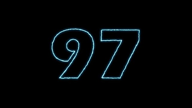 Neon Number 97 Animation on Black Background, Glowing Blue 97 Digit Outline Effect,  Futuristic Blue Neon 97 Animation.