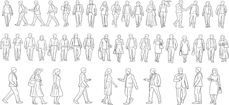 An extensive array of hand-drawn style human figures in diverse poses, providing essential scale elements for architectural plans, urban design, and visualization projects