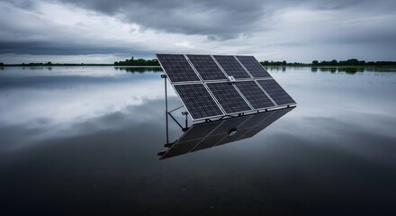 Innovative sustainable energy solution with solar panels submerged in water under dramatic cloudy sky, showcasing resilience and environmental awareness