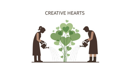Two people watering a tree made of green hearts symbolizing growth and creativity