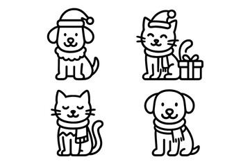 Fototapeta premium Adorable dogs and cats wearing Santa hats and winter scarves for Christmas