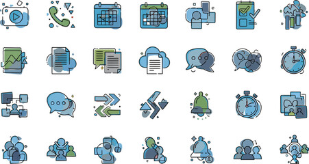 Collection of stylized flat icons representing modern technology and communication devices with a blue and green watercolor wash effect