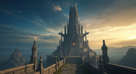 Grand gothic citadel on a hill, overlooking a vast landscape at dawn