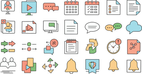 Collection of hand drawn doodle icons representing business concepts like planning meetings tasks calendar documents and communication tools