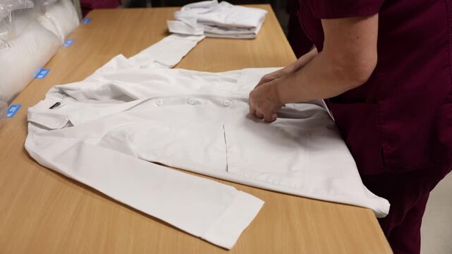 A person in a burgundy uniform folds a clean white lab coat on a wooden surface in a neatly organized room with other folded garments and labeled sections