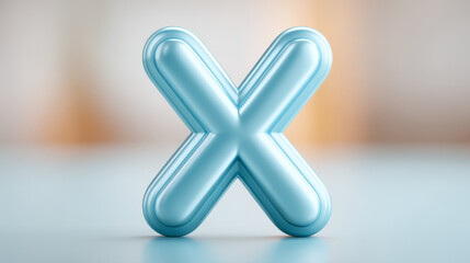 Glossy 3D letter X, light blue, representing a cancel or multiplication symbol against a blurred background