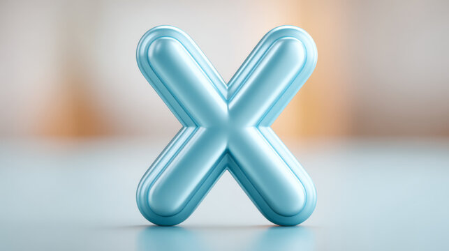 Glossy 3D letter X, light blue, representing a cancel or multiplication symbol against a blurred background