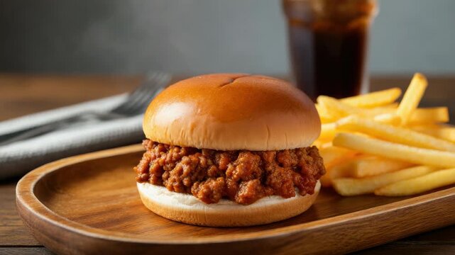 Close-up of sloppy joe sandwich with fries and drink on wooden tray