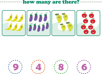 Counting game of fruits for preschool kids. Printable. Vector Illustration