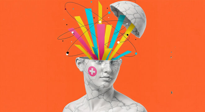 Creative mind bursting with ideas, data visualization, and mental health concepts