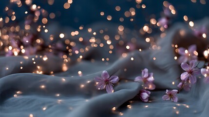 Delicate pink cherry blossoms rest on draped fabric with sparkling lights
